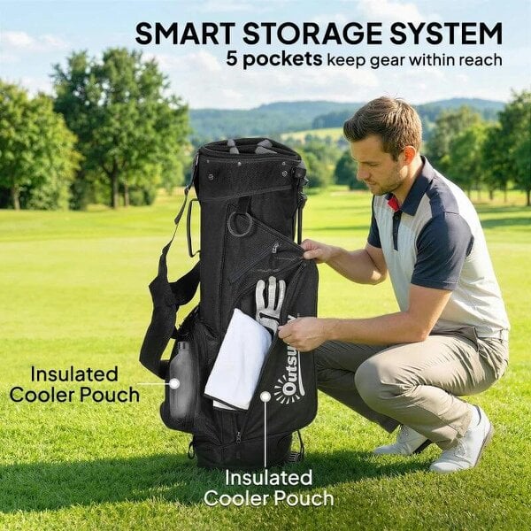 Golf Stand Bag 6 Way Full-Length Dividers, Waterproof Golf Bag with 5 Pockets, Black