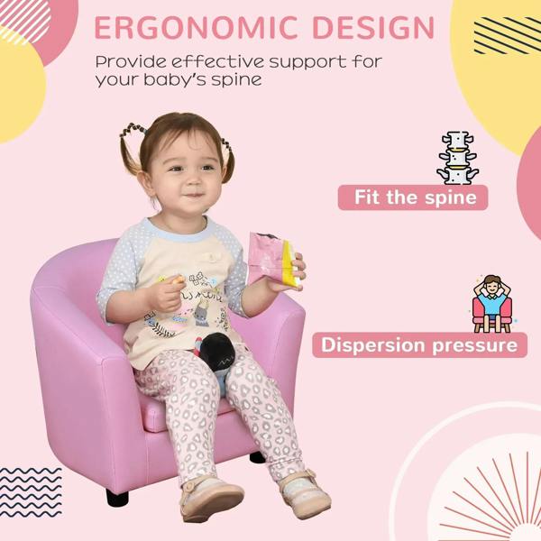 Pink toddler armchair with padded seat and rounded arms, child seated