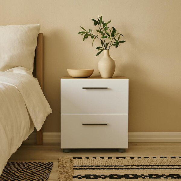 Wyld Haus Daejeon White and Natural Oak Effect Wood Bedside Table 2 Drawers