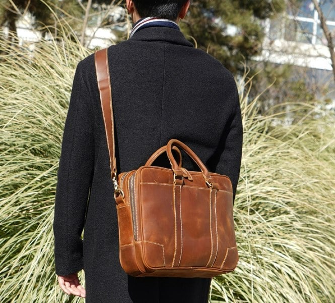 Touribag Minimalist Leather Briefcase Laptop Bag - Light Brown