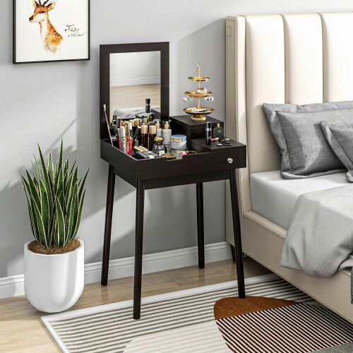 Wyld Haus Sinotti Black Dressing Table With Flip Up Mirror 2 Drawers And Wood Legs