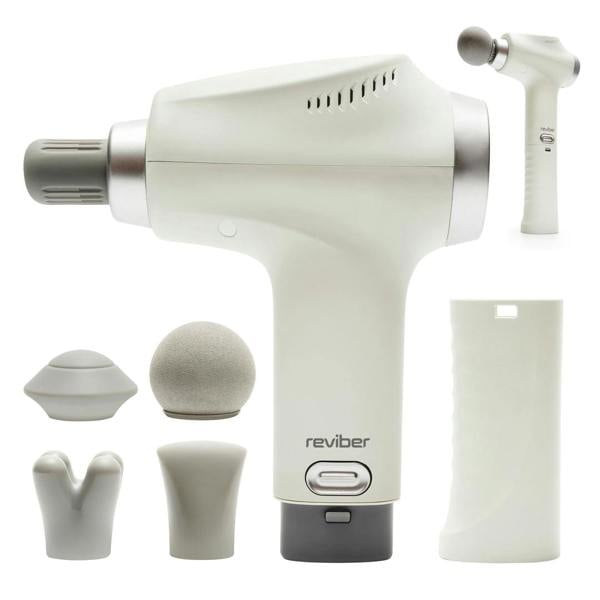 The Reviber Deep Tissue Percussion Massage Gun with Long Reach Handle, shown in white with five interchangeable heads and a removable battery pack, features the “reviber” brand name on its body.