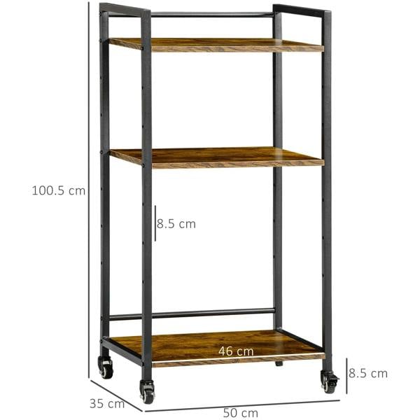 3-tier rolling cart dimensions: 50 x 46 x 100.5 cm, rustic brown shelves, black frame