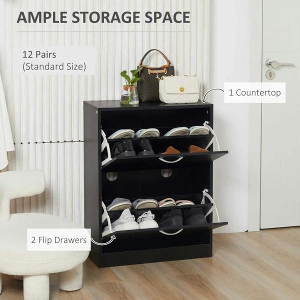 Black shoe cabinet with flip doors open, showing inner shelves and 2 rows of shoes