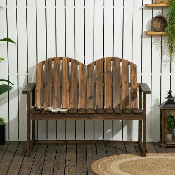 Wooden two-seat bench with curved slatted backrest and armrests, carbonised finish