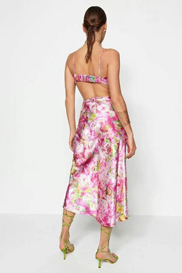 WOVCOR Floral Waist Detail Satin Midi Dress