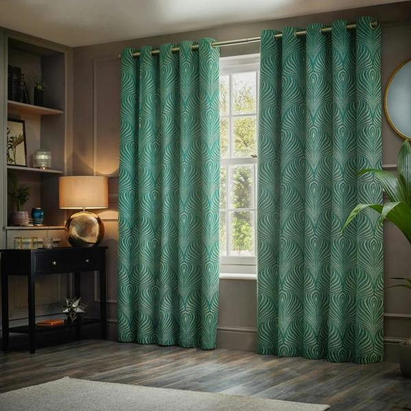 Paoletti Gatsby Jacquard Eyelet Curtains - Emerald - 