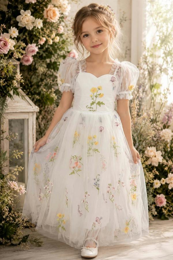 UK Flower Girl Boutique Enchanted Forget Me Not Dress - White