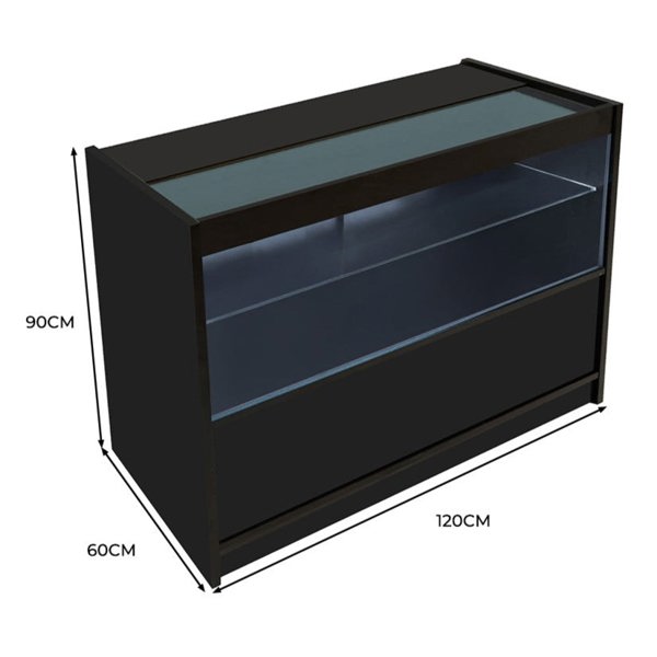 Black LED retail shop counter C1200 with a glass top, spacious display area, and sleek modern design, measuring 120cm x 60cm x 90cm