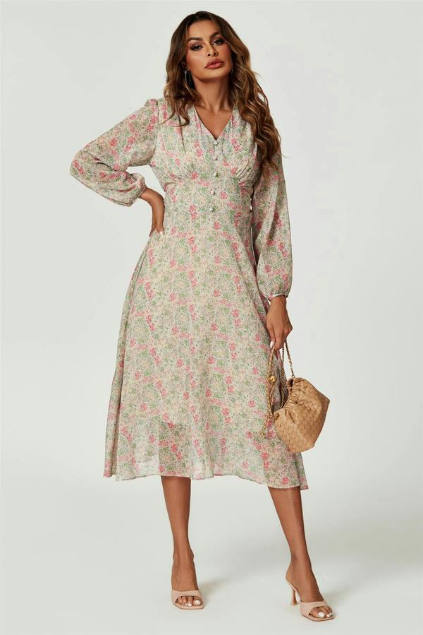 FS Collection Floral Print Long Sleeve Maxi Dress In Multi