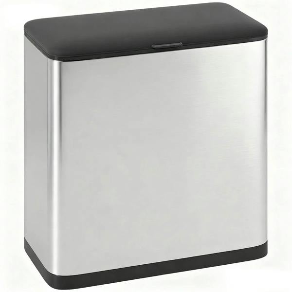 Silver kitchen bin with black-lidded top, square trash can