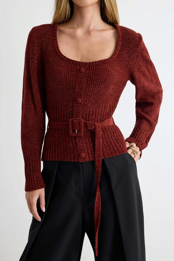 Chenille Long Sleeve Belted Knitted Sweater