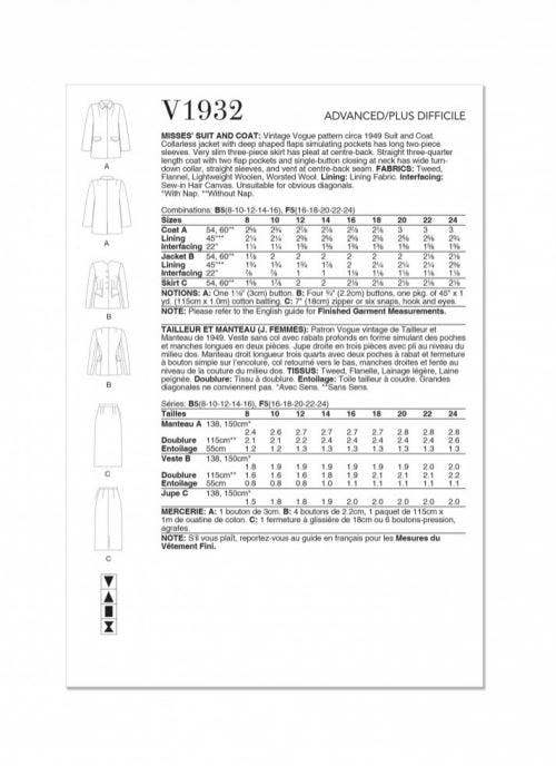 Vogue Sewing Pattern 1932, Jackets, Skirts, Suits, Vintage Style for Women, B5 (8-10-12-14-16) - Advanced