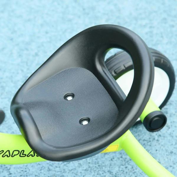 Black adjustable seat and handlebars on lime green kids tricycle, close-up