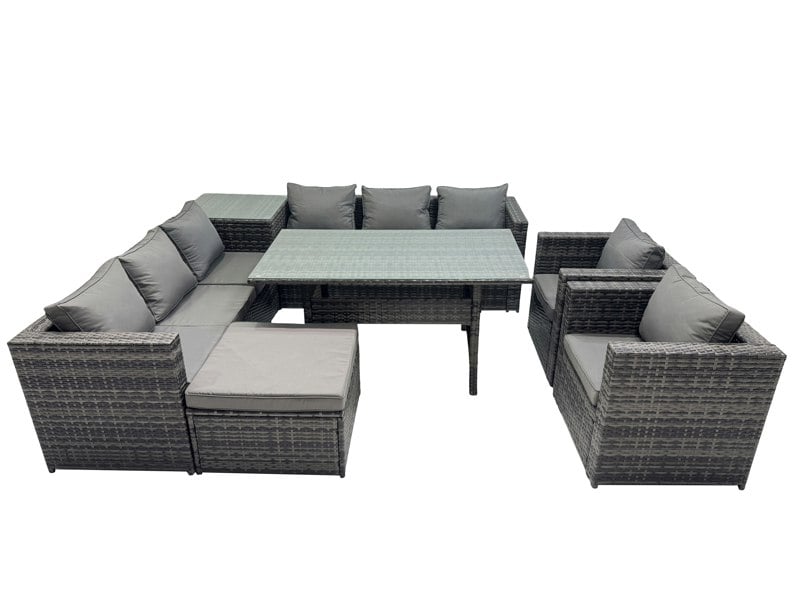 Fimous Outdoor Corner Sofa Chair Dining Table Set Garden Rattan Furniture Set 9 Seater with Side Table Big Stool Dark Grey