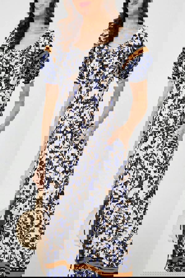 Navy | Floral Border Puff Sleeve Midi Dress