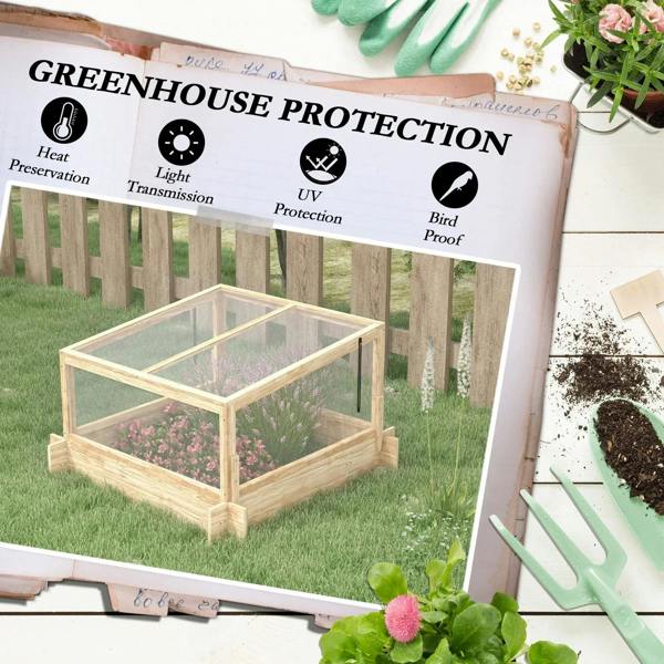 Wood greenhouse planter box with clear cover frame and raised sides