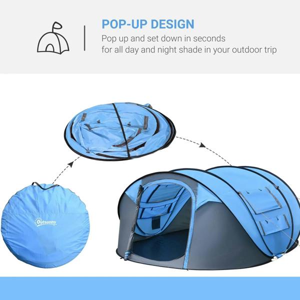 Sky blue pop-up dome tent with carry bag and visible window and door openings
