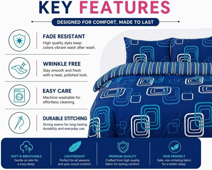 Night Zone Blake Geometric Printed Polycotton Duvet Cover Set – Modern Easy Care Bedding