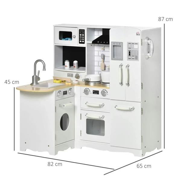 White fold-out kids play kitchen set with sink, oven door, and range hood