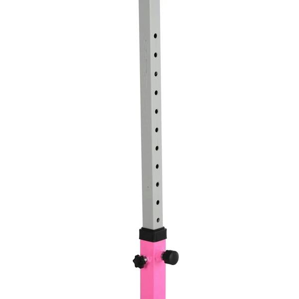 Close-up of height adjustment holes and pink post with black locking knob