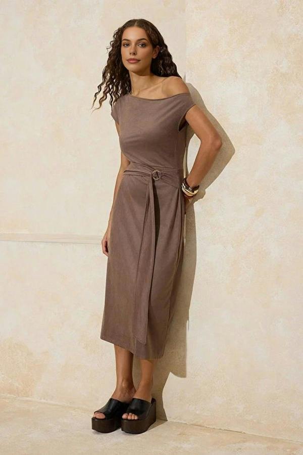 WOVCOR A-Line V-Neck Midi Suede Knit Dress with Accessory Details