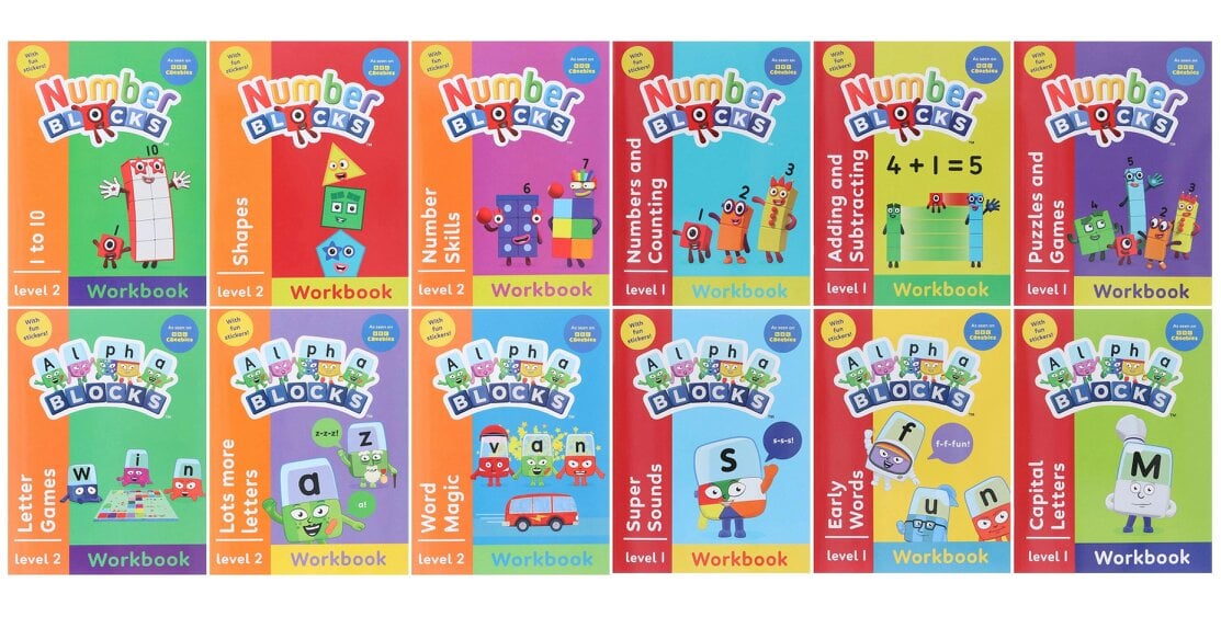 Numberblocks and Alphablocks Workbooks 12 Books Set (Level 1: Red, Level 2: Orange)