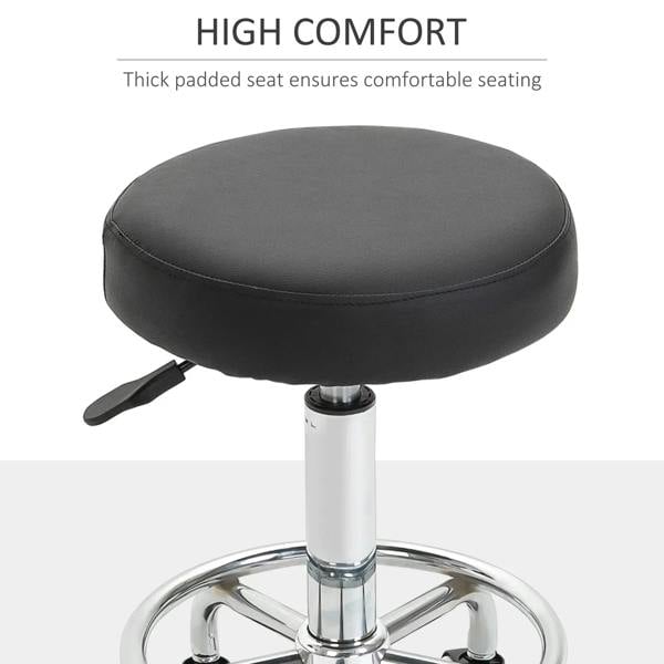 Black thick-padded round stool seat on chrome pedestal with height adjustment lever