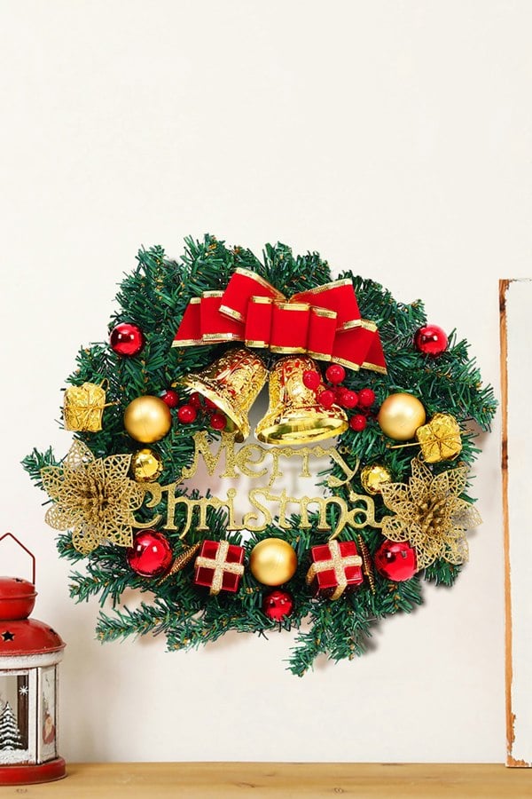 Living and Home D30cm Christmas Artificial Wreath with Xmas Baubles Bells Bow Knots