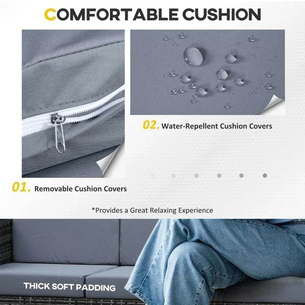 Grey outdoor sofa cushion with zipper closure and stitched seams