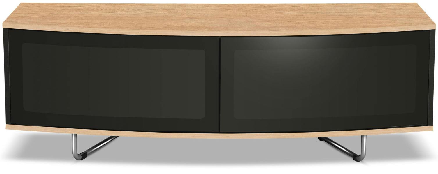 Homeology Caru Gloss Black and Gloss Oak Beam-Thru Remote Friendly Super-Contemporary "D" Shape Design 32"-65" LED/OLED/LCD TV Cabinet