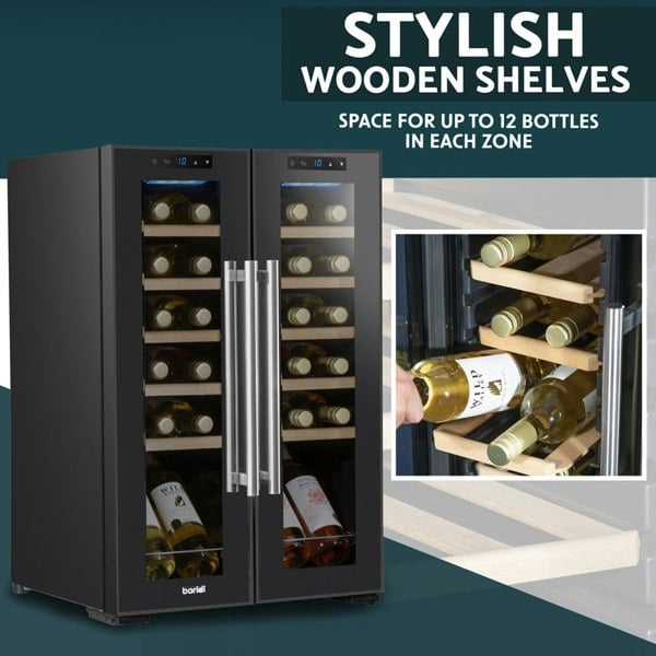 24 Bottle Dual Zone Freestanding Wine Cooler Fridge - LED Backlit BLACK & GLASS - LoopsDirect