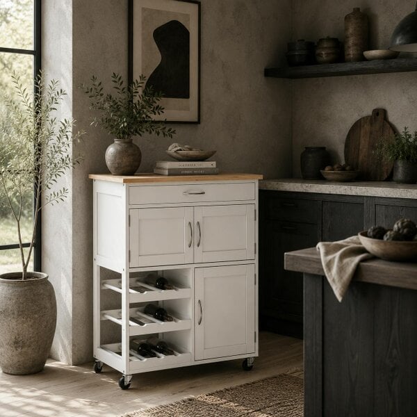 Wyld Haus Hala Wooden White Rolling Kitchen Island With Wine Rack 1 Drawer 3 Doors