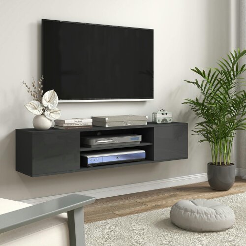 HOMCOM Floating TV Unit for 60" TVs W/ Shelves and Cabinets, Grey - Grey