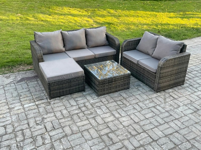 Fimous PE Rattan Garden Furniture Sets 6 Seater Outdoor Lounge Sofa Set Square Coffee Table Big Footstool
