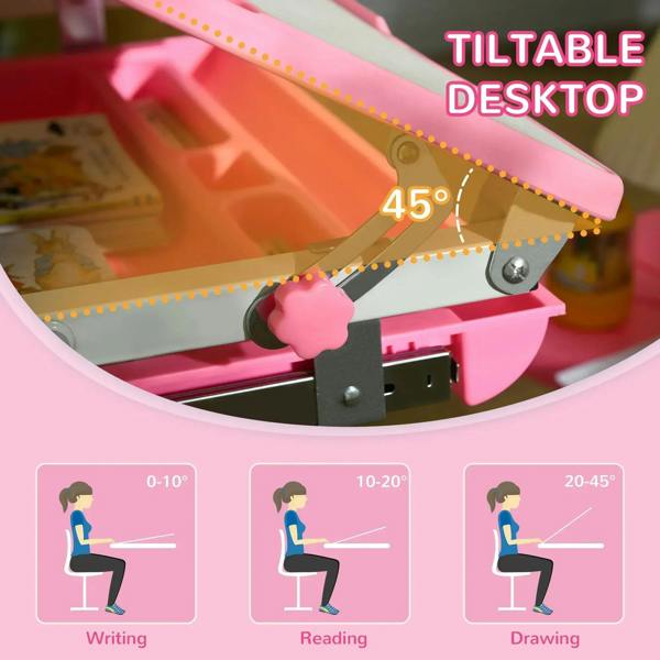 Pink tilt-adjustable desktop with 45° writing angle for kids desk