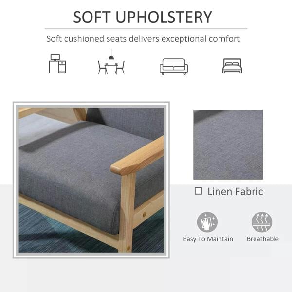 Grey fabric accent chair with cushioned padded seat and light wood armrests