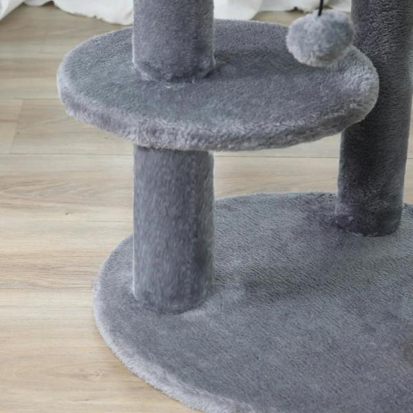 Grey plush round platform cat tree with central post and adjacent perch