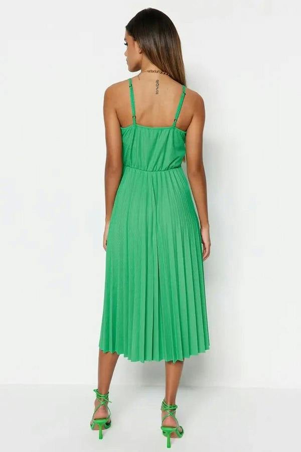 WOVCOR Printed Wrap V-Neck Adjustable Straps Pleated Midi Dress