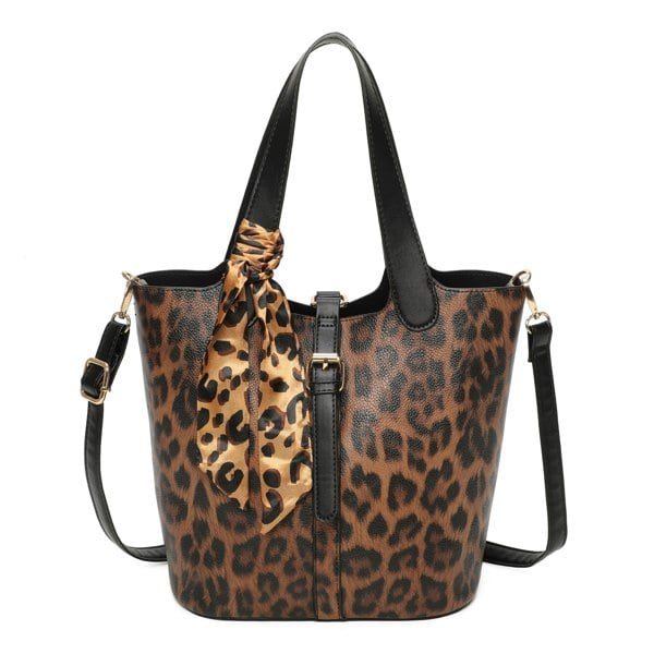 Kitise Leopard Print Bucket Tote Shoulder Bag Detachable Strap