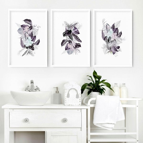 Wall decor for bathrooms | Set of 3 Tropical Purple wall art