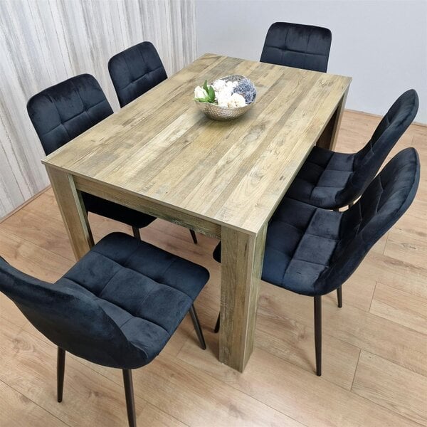 Kosy Koala Dining Table and 6 Chairs Rustic Effect Wood Table 6 Black Velvet Chairs Dining Room
