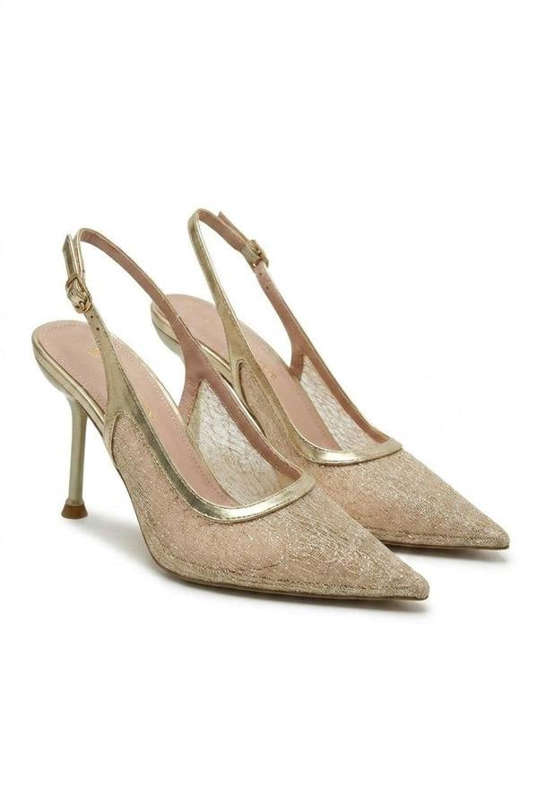 Francesca Slingback Mesh Pointed Toe High Heels - Gold_wb