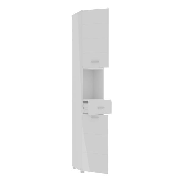 Furniture To Go Ice Cave Narrow Bathroom Storage Cabinet with 2 Doors & 1 Drawer with Silver Handles in White with White High Gloss Fronts