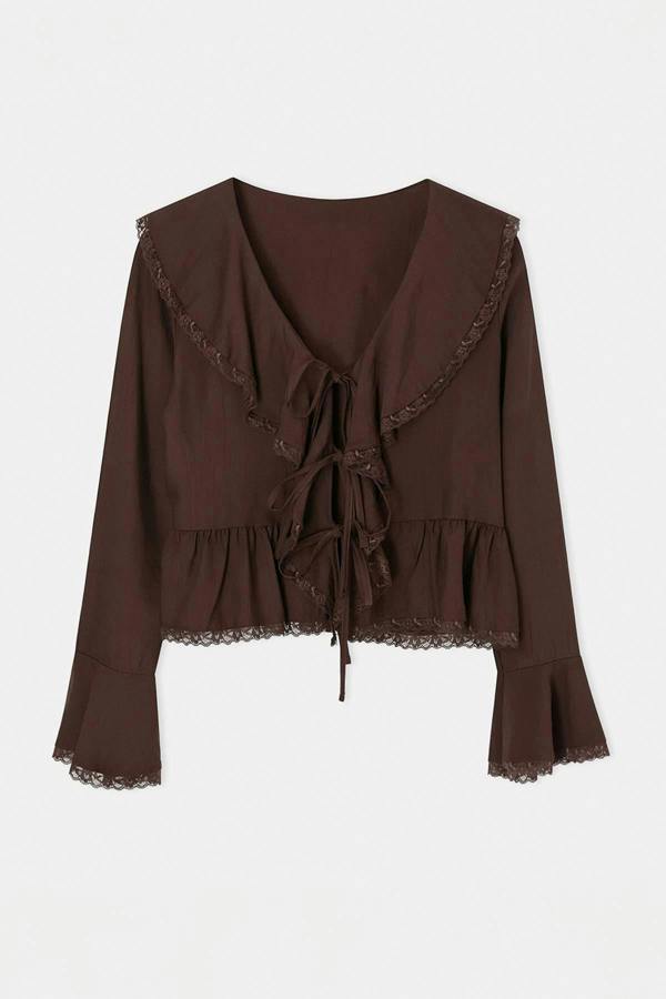 WOVCOR V Neck Long Sleeve Tie Front Lace Detail Blouse