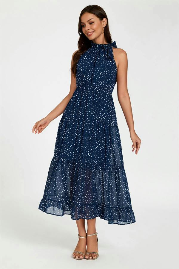 FS Collection Dot Print Halter Neck Maxi Dress In Navy