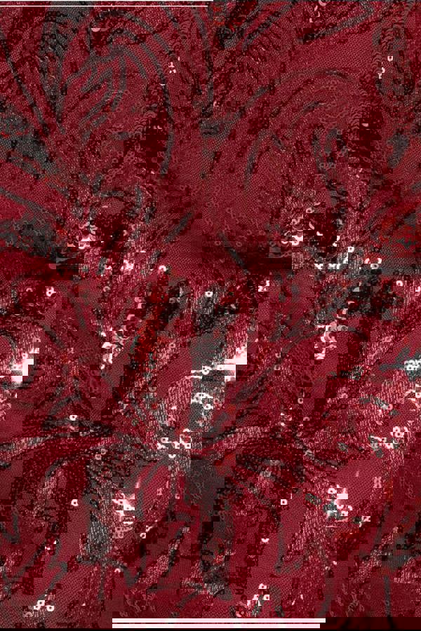 Square Neck Scalloped Embroidered Sequin Midi Dress - Wine DR4124