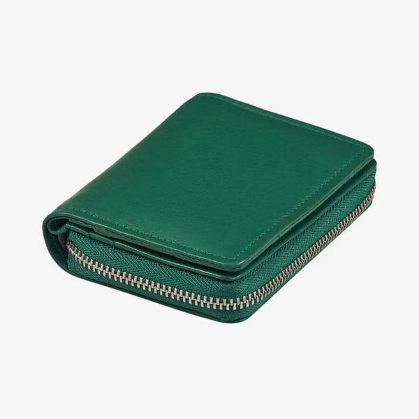 Compact green real leather RFID card holder