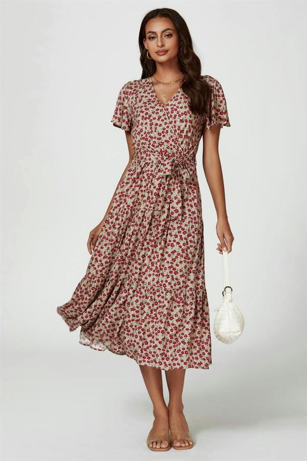 FS Collection Pink Floral Print Wrap Midi Dress In Beige