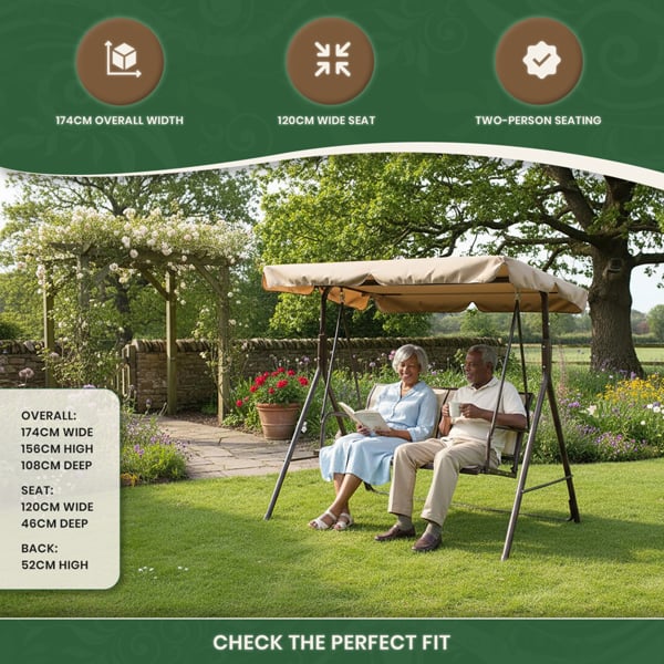 Textoline & Steel 2 Seater Swing Seat with Adjustable Angled Canopy, Light Beige Textoline and Brown Steel Frame, Flat Pack